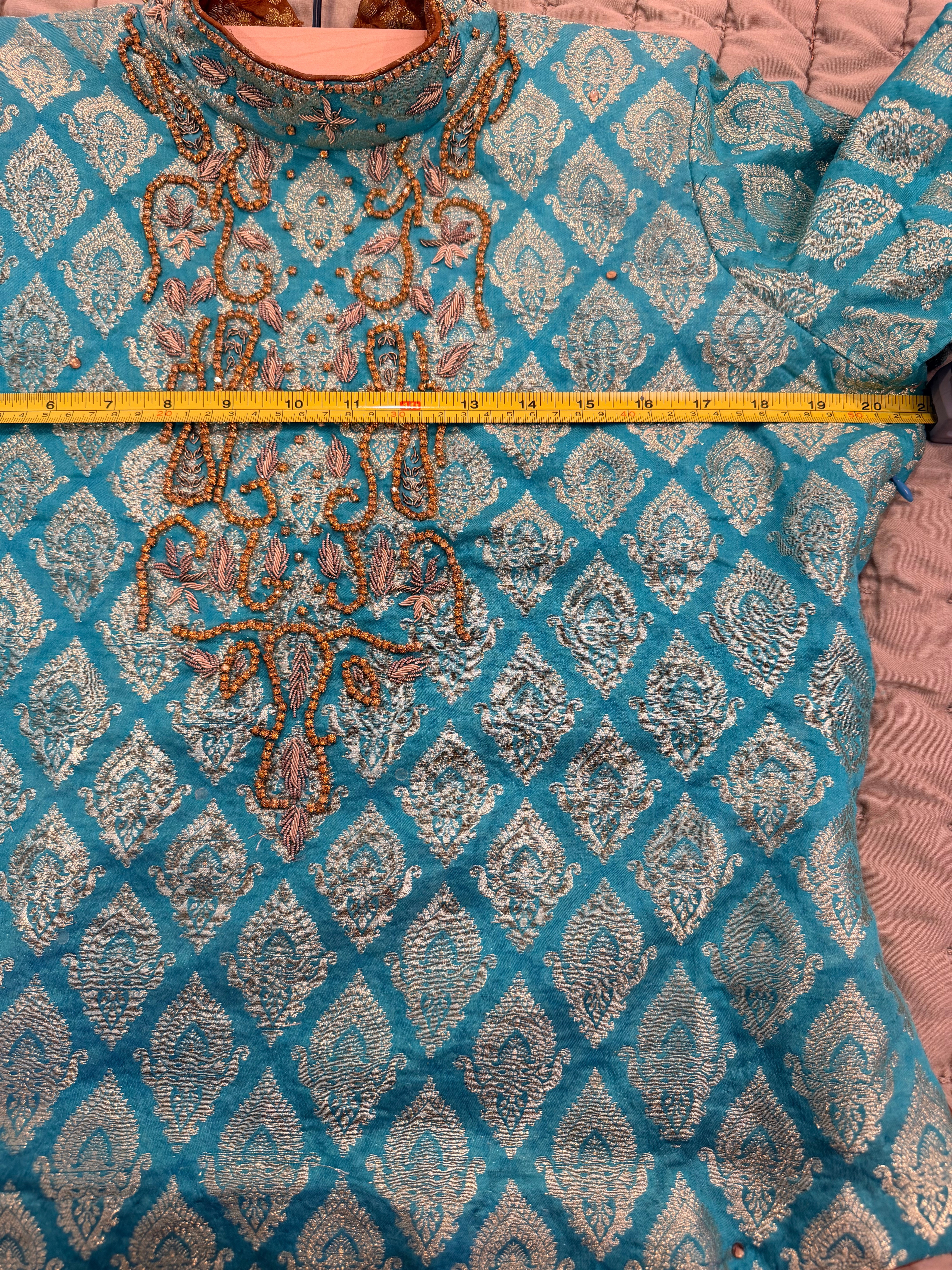 Turquoise Banarasi Brocade Lehenga Set with Gold Net Skirt & Dupatta