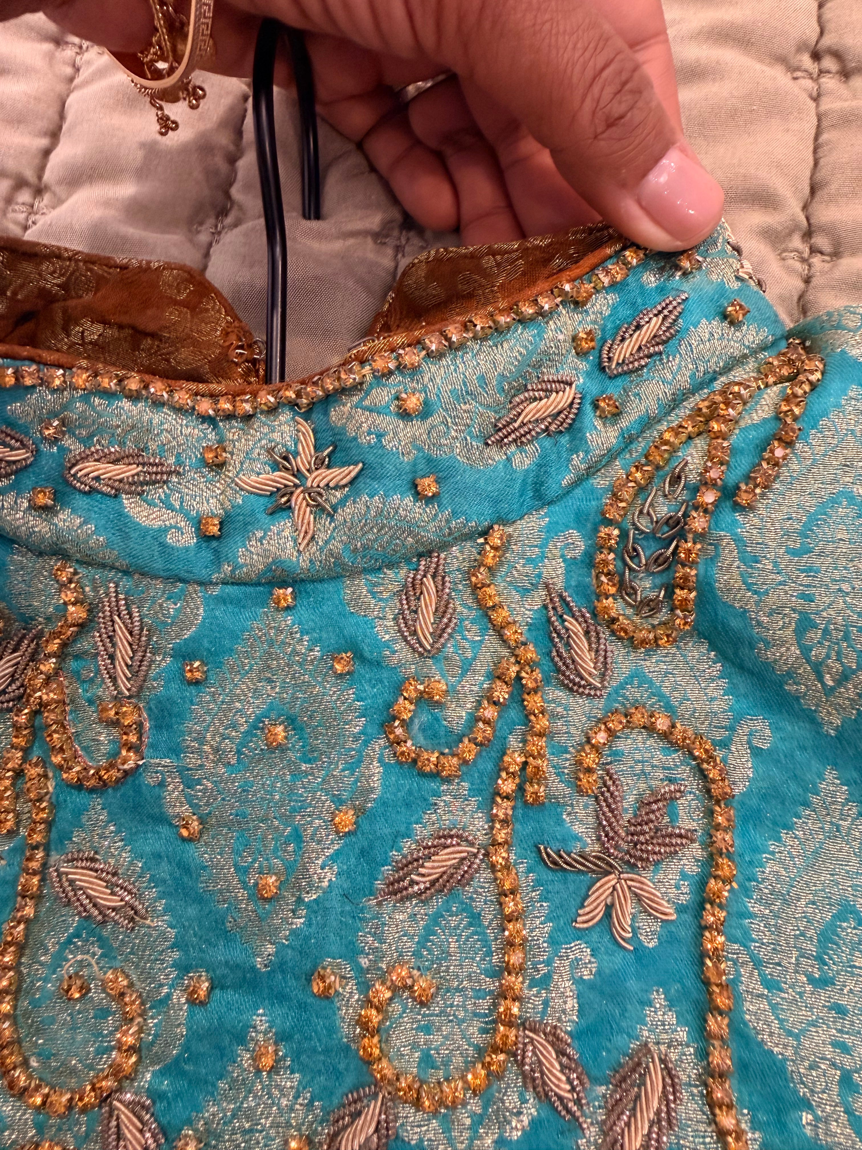 Turquoise Banarasi Brocade Lehenga Set with Gold Net Skirt & Dupatta