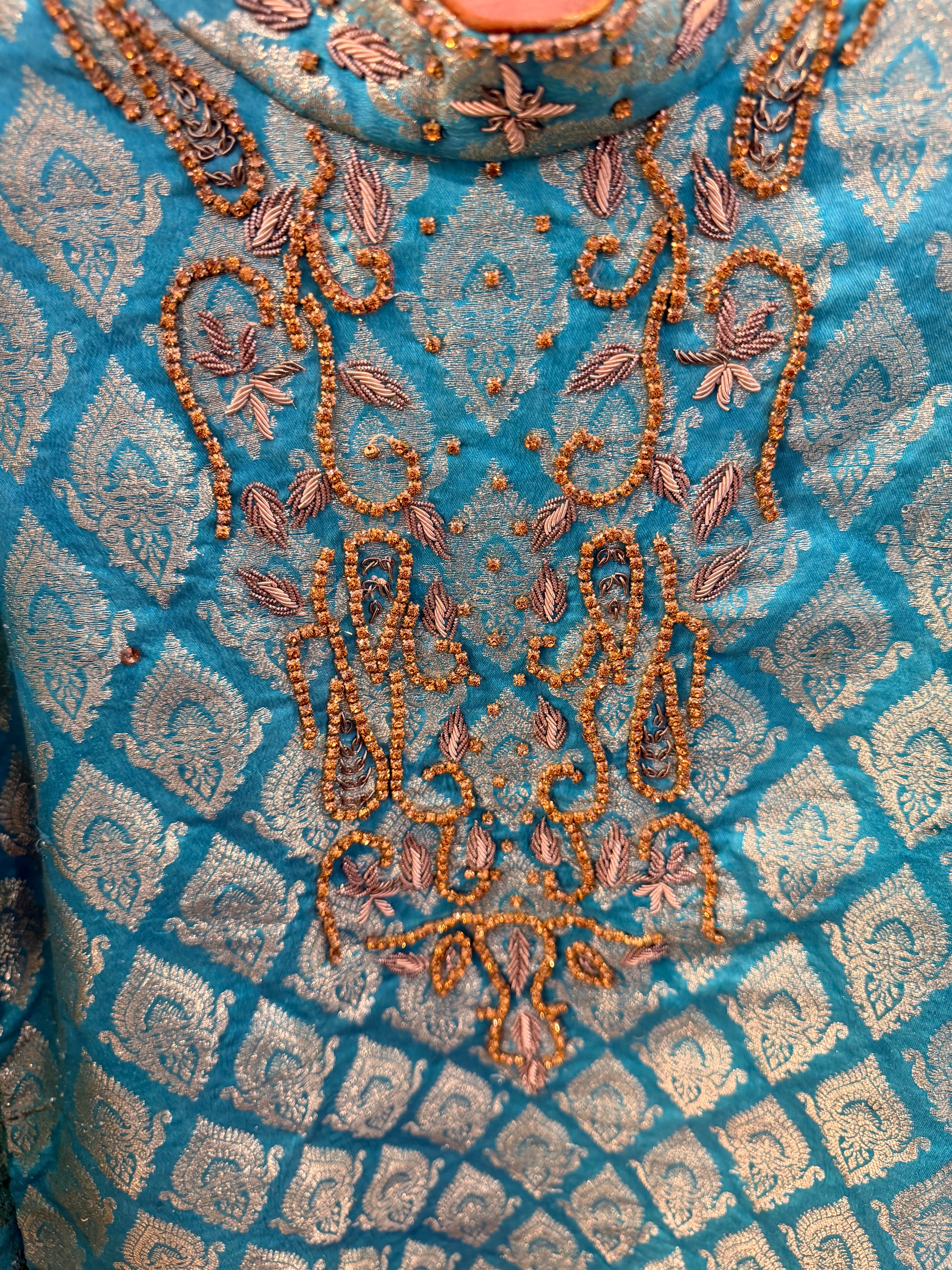 Turquoise Banarasi Brocade Lehenga Set with Gold Net Skirt & Dupatta