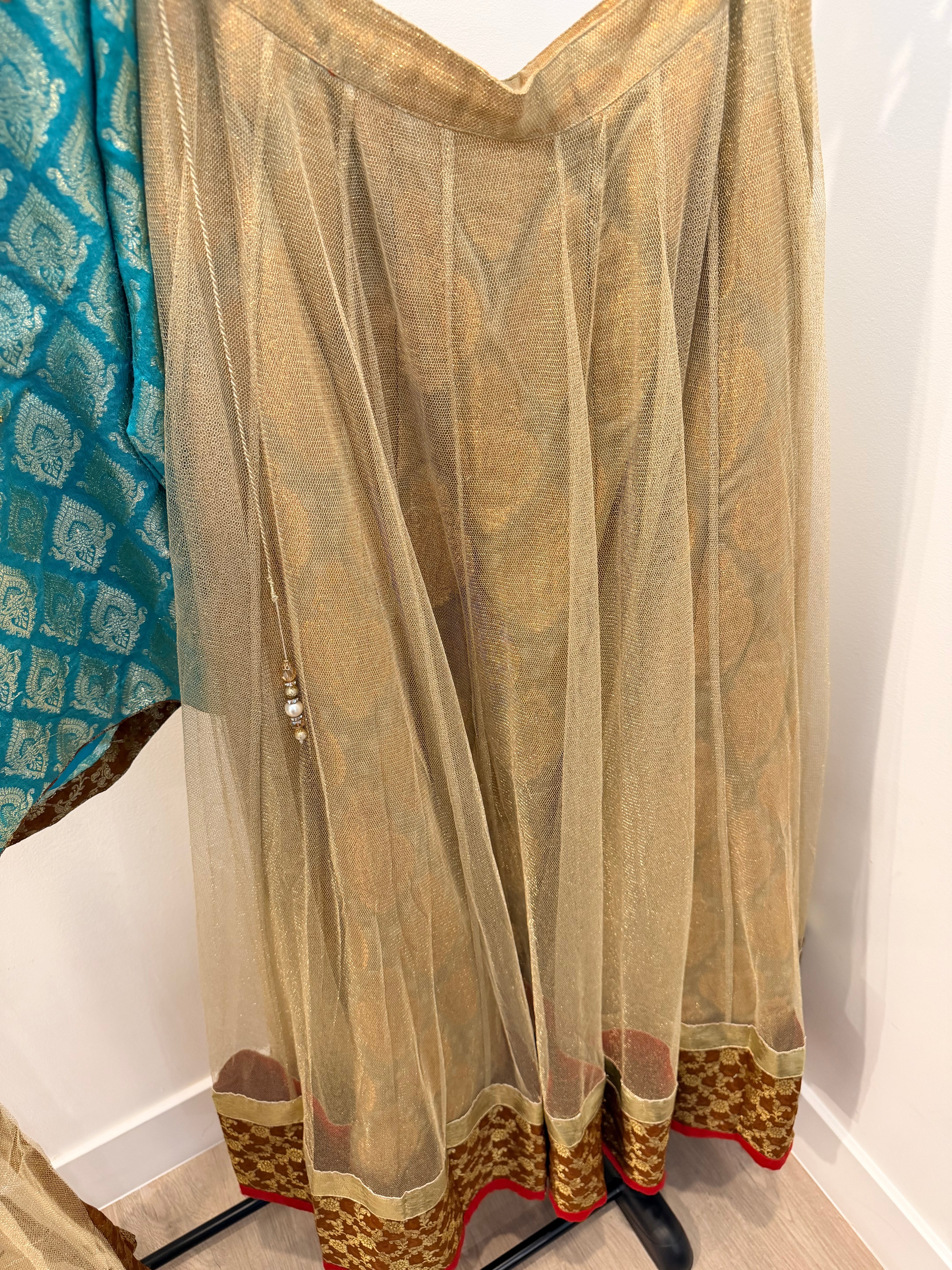 Turquoise Banarasi Brocade Lehenga Set with Gold Net Skirt & Dupatta