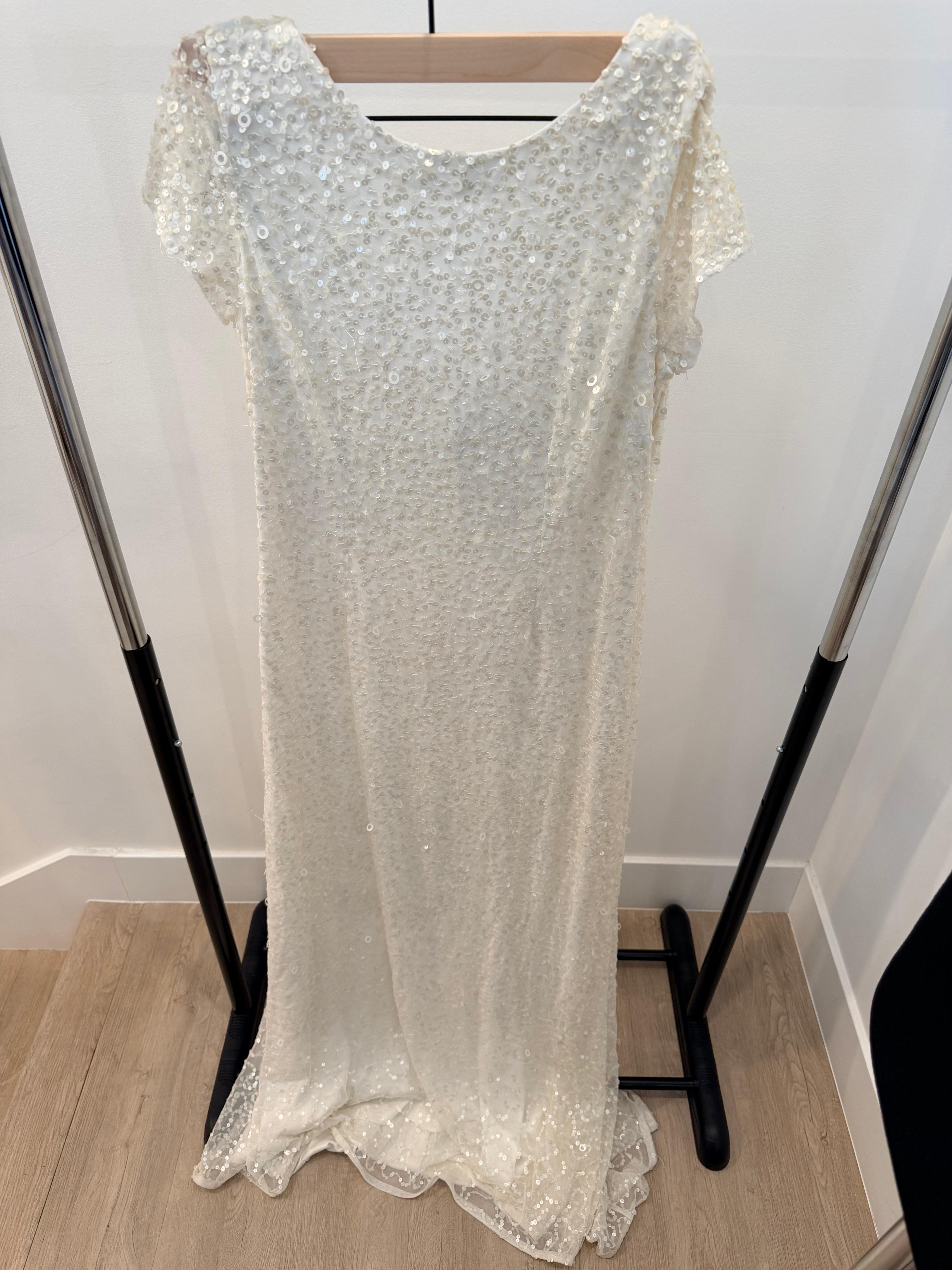 White Allover Sequin Fitted Wedding Gown with Scoop Back & Train