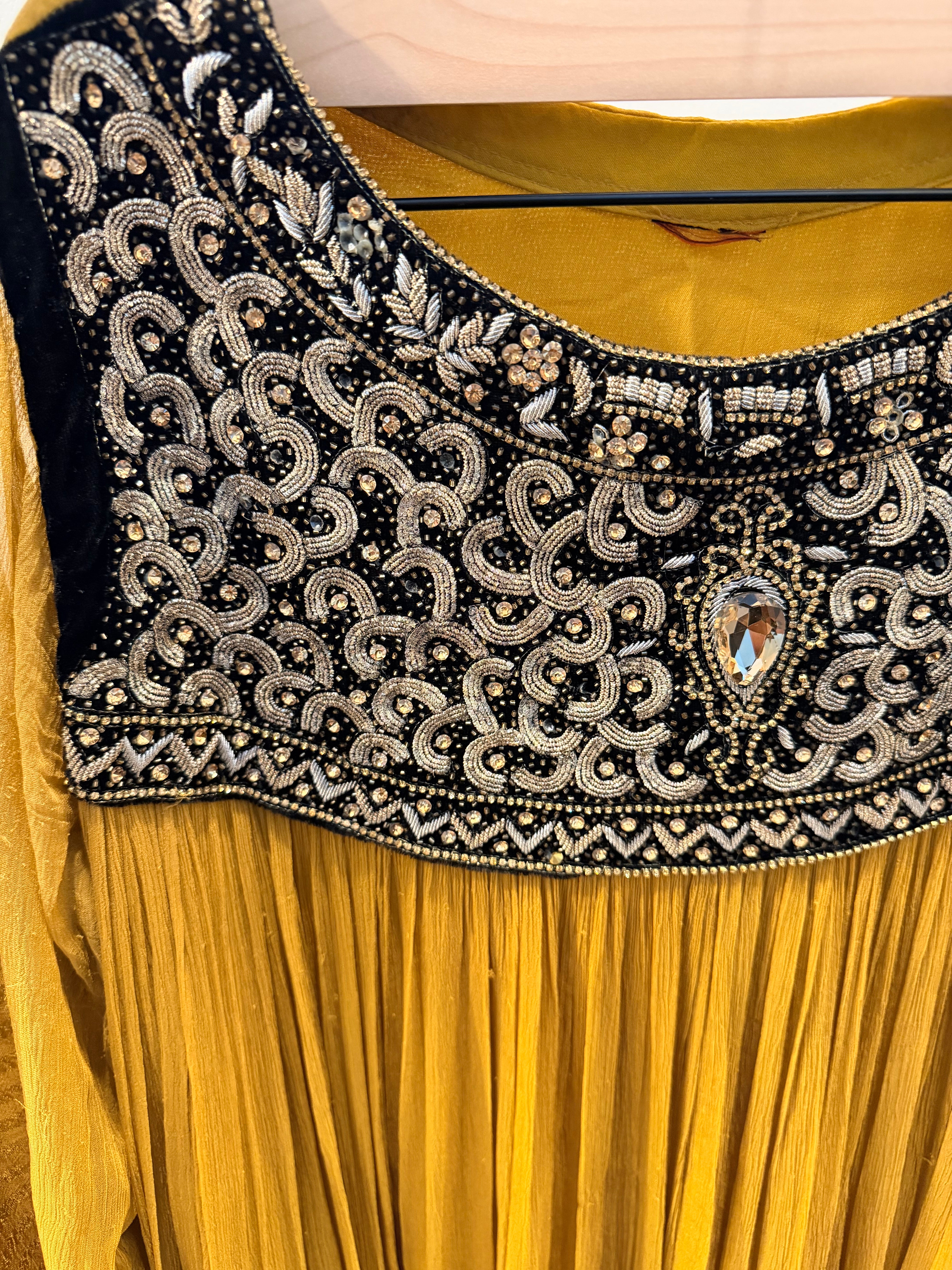 Mustard Gold Embellished Babydoll-Style Formal Dress with Dupatta